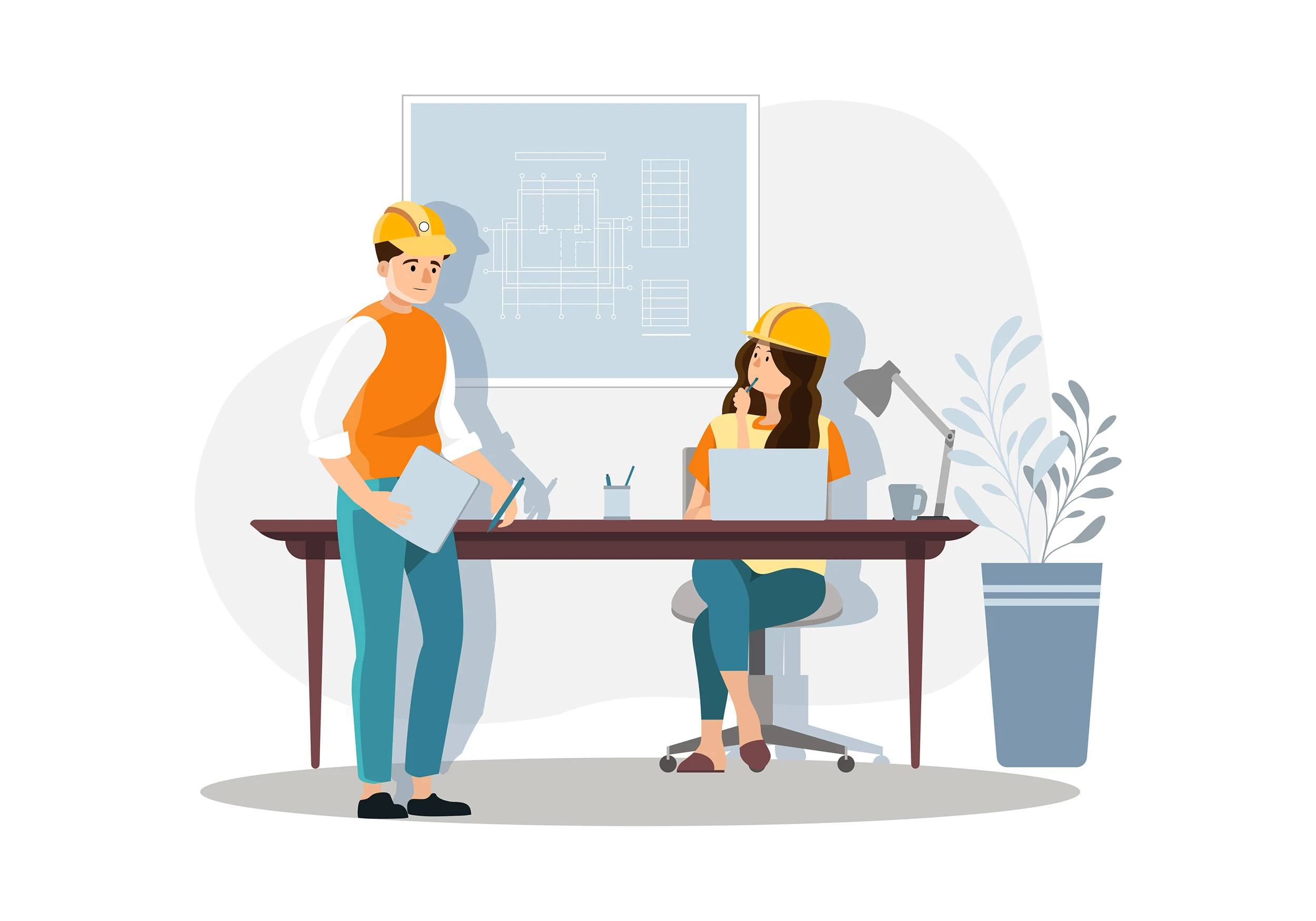 Zwei Personen mit gelben Schutzhelmen in einem Büro, eine sitzt am Schreibtisch mit Laptop, die andere steht mit Unterlagen davor. Im Hintergrund ein technisches Zeichnungsbild.