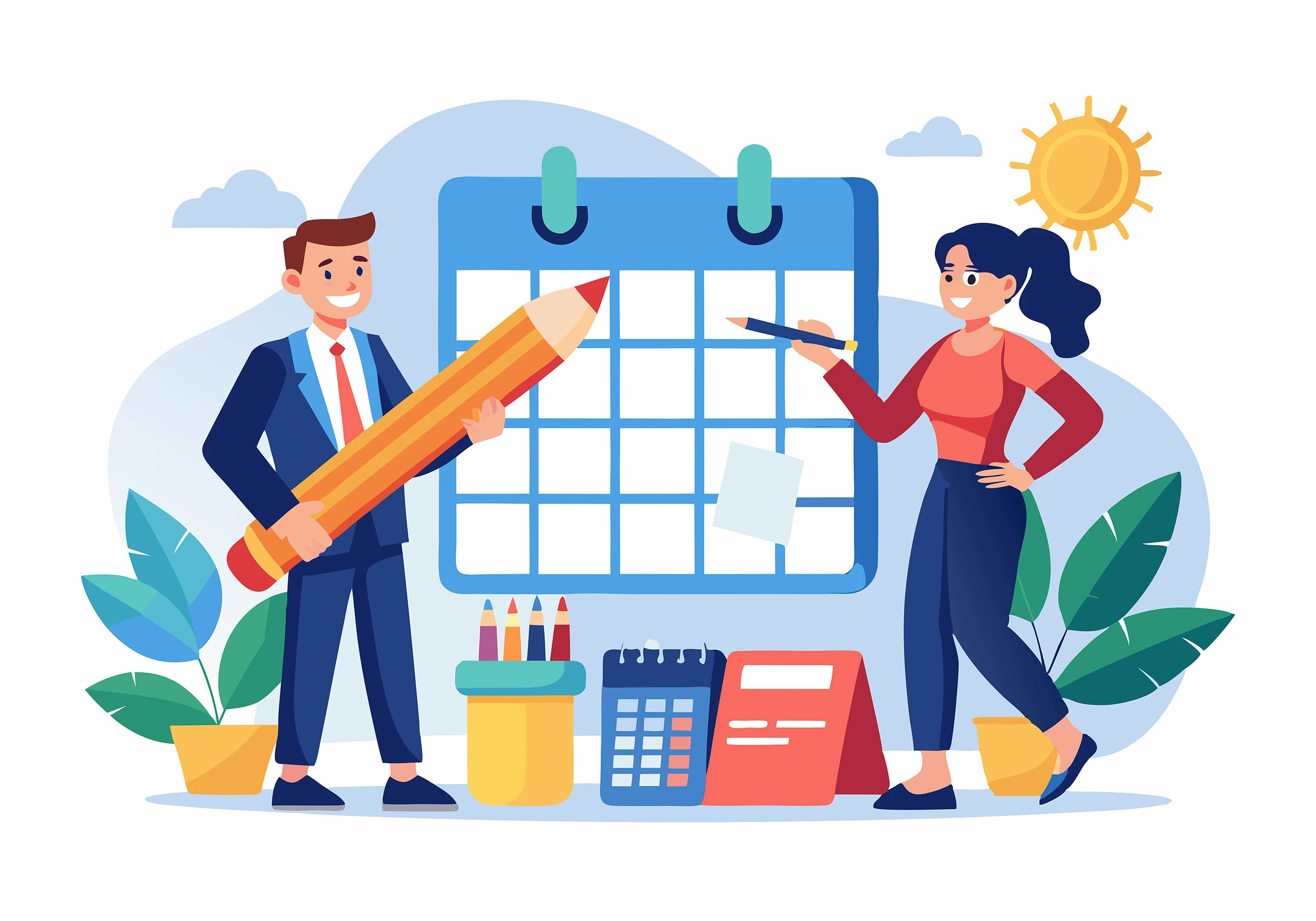 Zwei Personen vor einem großen Kalender, eine hält einen übergroßen Bleistift, die andere zeigt mit einem Stift auf den Kalender. Im Vordergrund Stiftebehälter, Taschenrechner und Notizbuch, Pflanzen und Sonne im Hintergrund.