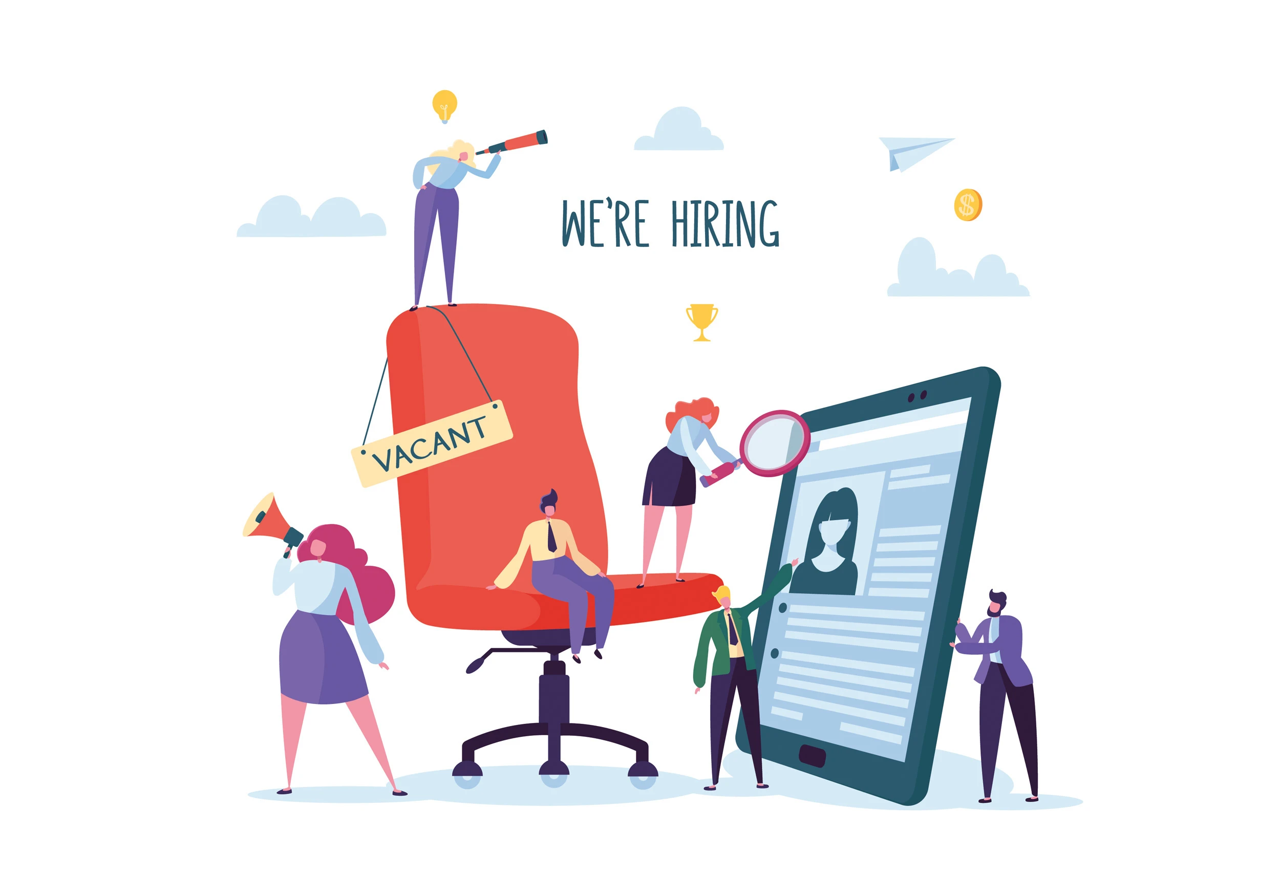 Illustration auf der Karriereseite von LWLcom mit rotem Bürostuhl,  einem Tablet, englisches Schild 'Vacant', englischer Text 'We're Hiring' und kleinen Personen, die mit Fernrohr, Lupe und Megafon agieren.