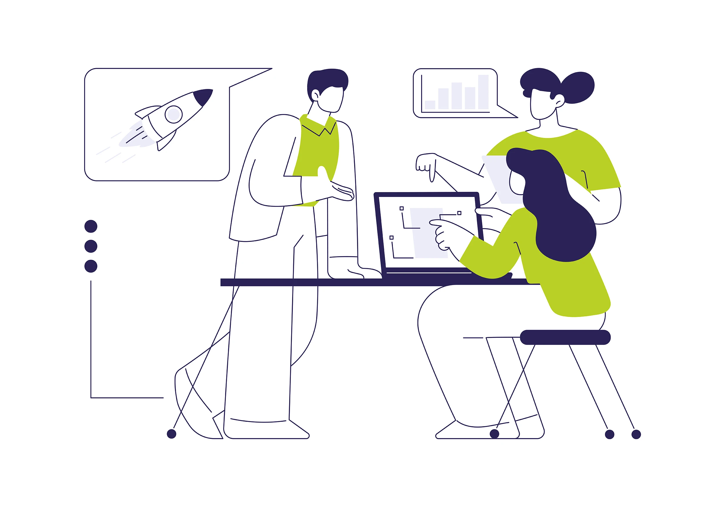 Illustration auf der Karriereseite von LWLcom zeigt drei Personen in einer Besprechungssituation, eine sitzt am Tisch und zeigt auf einen Laptop, eine andere steht daneben und zeigt ebenfalls auf den Laptop, links von ihr befindet sich eine Sprechblase mit einem Diagramm. Ein Mann steht vor dem Schreibtisch, neben ihm befindet sich eine Sprechblase mit Rakete. Alle tragen ein grünes Oberteil.