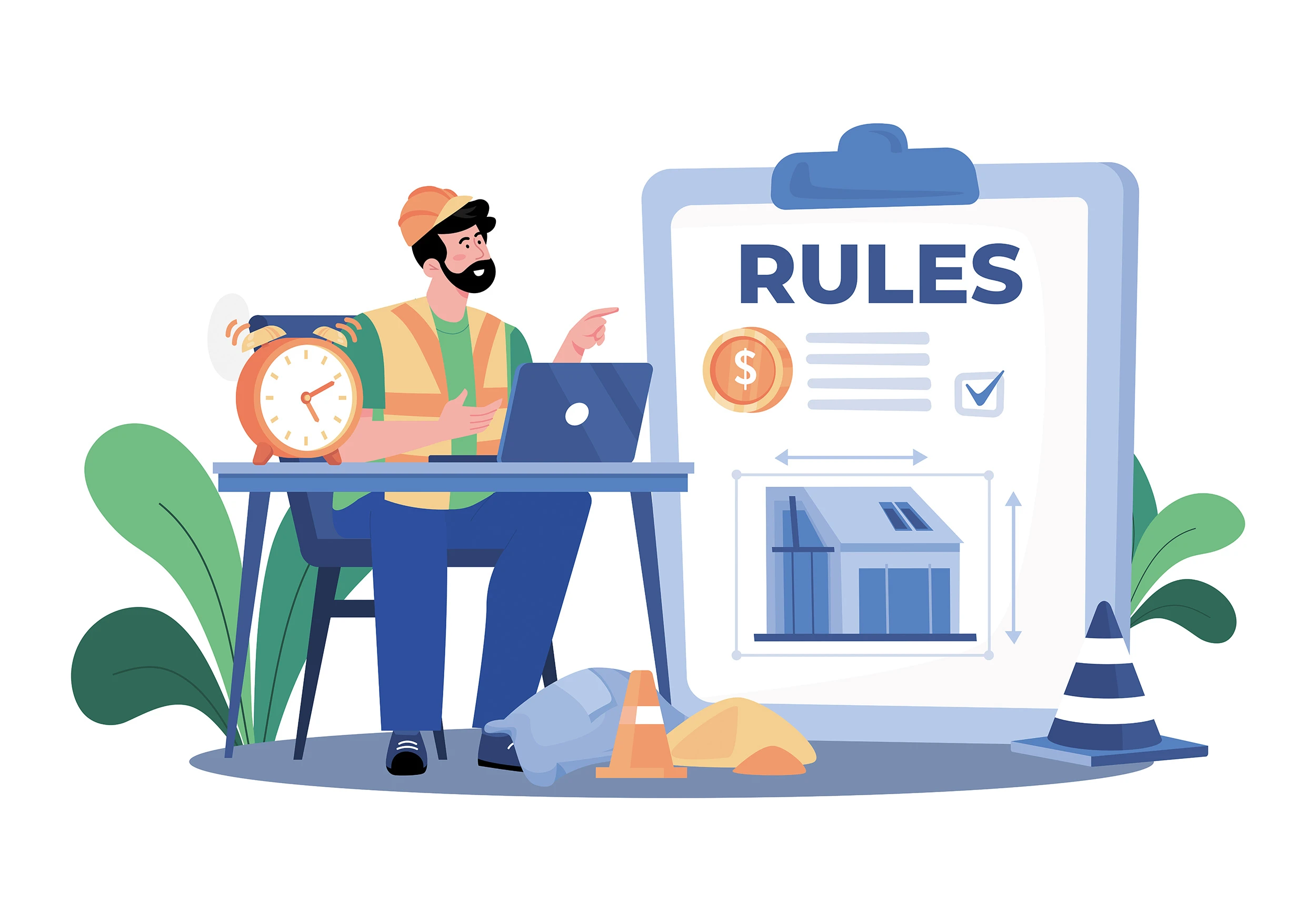  Illustration auf der Karriereseite von LWLcom zeigt eine Person mit Bauhelm und Warnweste am Schreibtisch mit Laptop und Wecker. Daneben eine große Tafel mit der Überschrift 'RULES', einem Münzsymbol, Textzeilen, einem Häkchen und einer Grafik eines Hauses mit Maßangaben. Verkehrsleitkegel und Pflanzen umgeben die Szene.