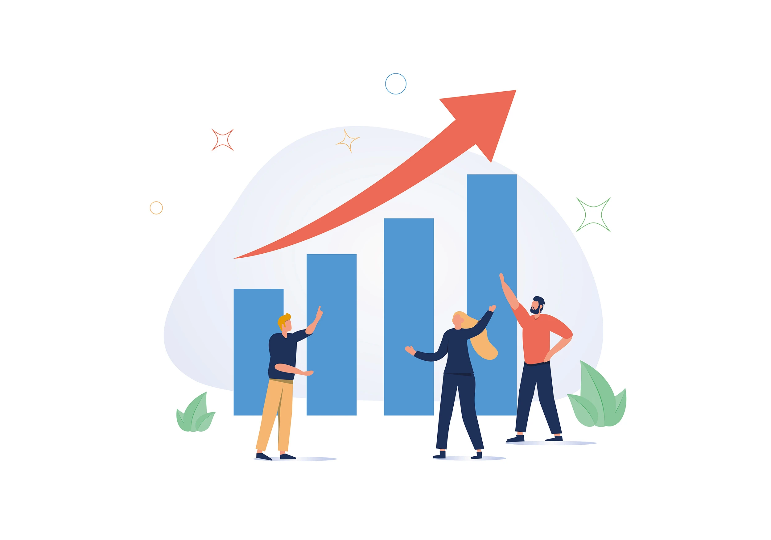 Drei Personen, deren Hände und Haltung nach oben zeigen vor einem blauen Balkendiagramm mit einem roten Pfeil, der ebenfalls nach oben zeigt.